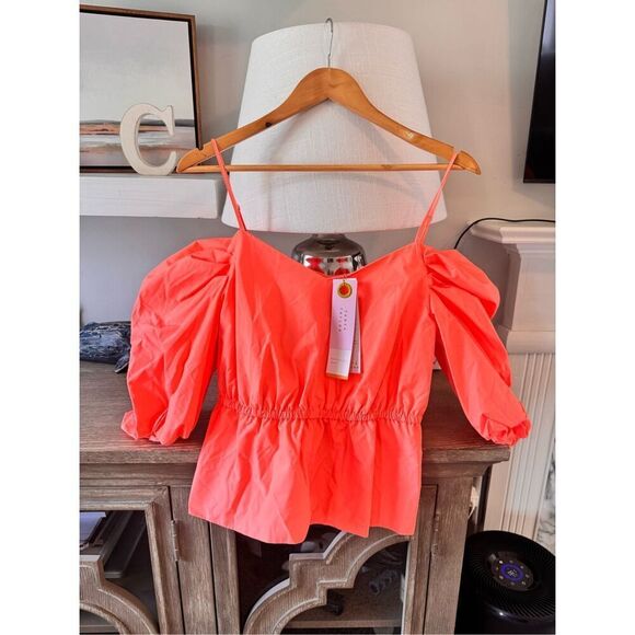 NWT Tanya Taylor Caroline Cold-Shoulder‎ Peplum Top in Melon Size Medium